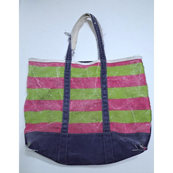 Vintage LL BEAN Boat Tote Striped Pink Blue Green Canvas Heavy Duty Zip Bag - Picture 1 of 14